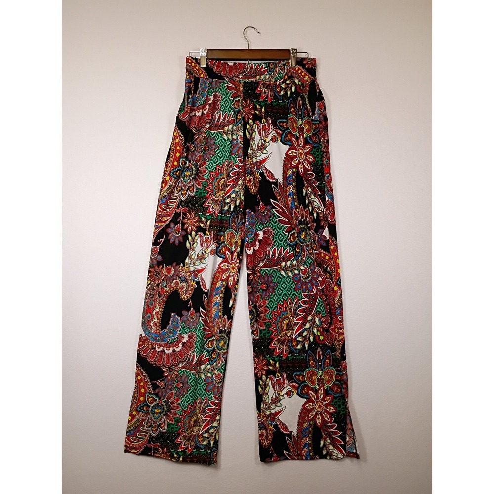 Boho Paisley WinWin Women L-XL Multicolor Slit Accent Wide Leg Trousers